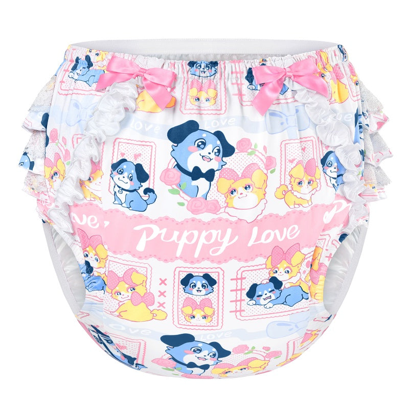 LittleForBig大人用シルキーおむつカバー【あおちゃんの恋い物語】バックに3層重ねレースフリル 大きなリボン飾り ストレッチウェストで快適 防水・漏れ防止 洗濯可 ピンク DC208P