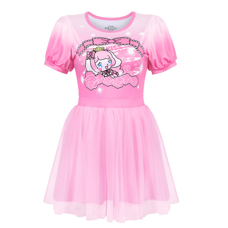 LittleForBigレディース シルキードレス【ピンキー美姫ちゃん】ふわりスカート メッシュボディコンドレス パフスリーブ グラデーションピンク 3003P