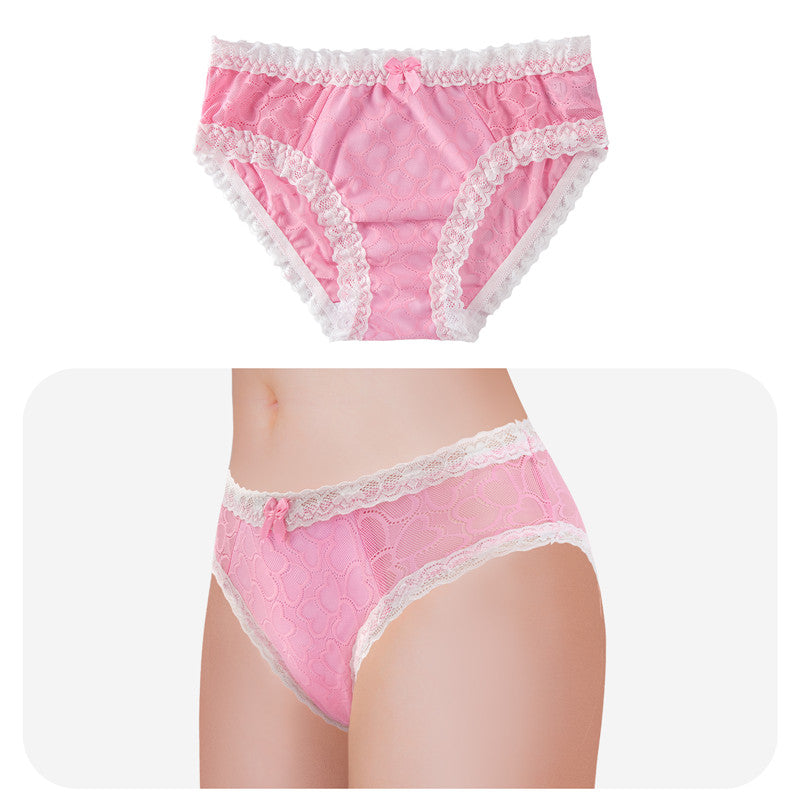 [LittleForBigメンズ メッシュパンティー 体型カバー【ピンクのハート】レースとリボン飾り ヒップスターブリーフ タッキングガフパンティー 下着 ピンク MUP517P2