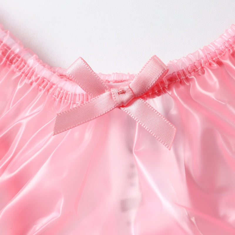 LittleForBigメンズビニールTバックパンティー 下着【内緒の話】シースルー Vカット ハイレグ 光沢感 リボン付き ストレッチウエスト 防水 半透明素材 TPU プラスチックパンツ ピンク MUP556P