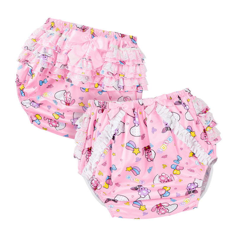 LittleForBig大人用シルキーおむつカバー【うさぎとベラ】バックに3層重ねレースフリル 大きなリボン飾り ストレッチウェストで快適 防水・漏れ防止 洗濯可 ピンク DC202P