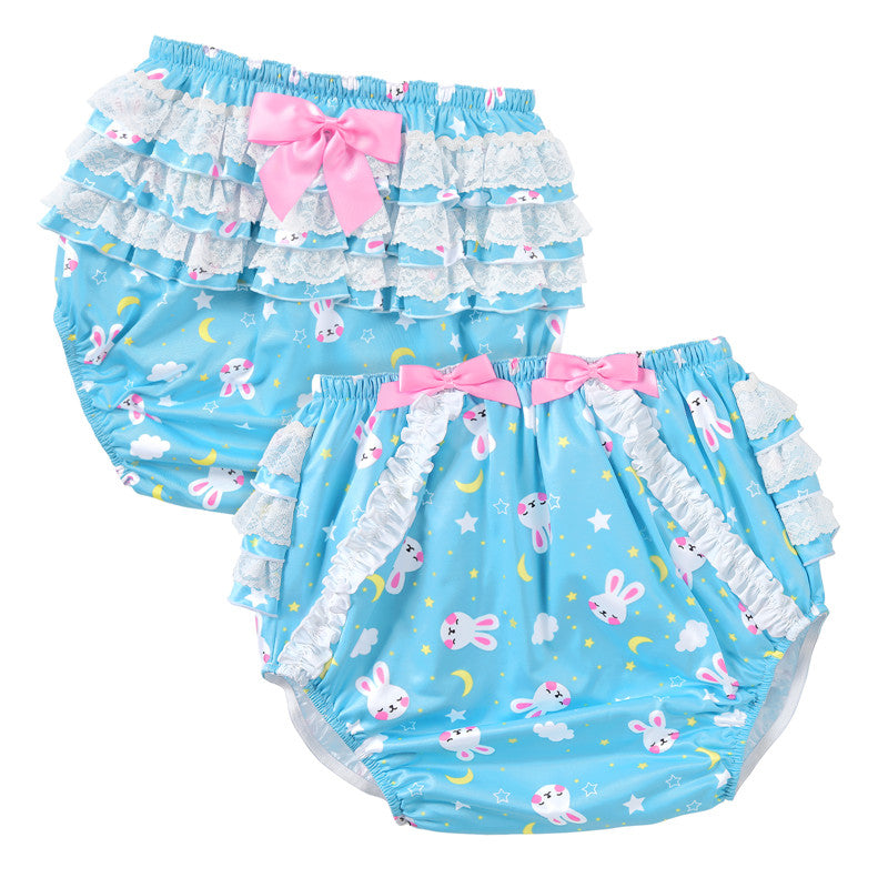 LittleForBig大人用シルキーおむつカバー【ハグバニー】総柄 バックに3層重ねレースフリル 大きなリボン飾り ストレッチウェストで快適 防水・漏れ防止 洗濯可 ブルー DC203B