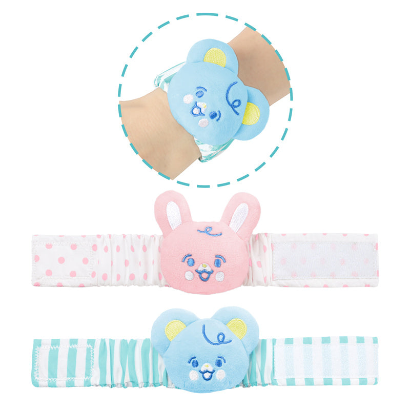 LittleForBig大人 手首ラトル2個セット【ベアちゃんとウサギちゃん】遊園地のテーマ ベル付き 伸縮性リストバンド ぬいぐるみ 調節可能な面ファスナー ピンク/ブルー WR001-S201