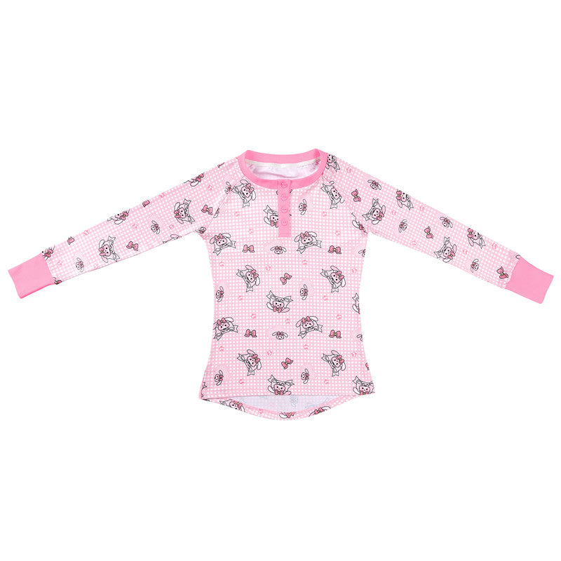 LittleForBig大人シルキーパジャマ2点セット【うさぎとリボン柄】格子縞の長袖とズボン 部屋着 伸縮性 ユニセックス ピンク AT626