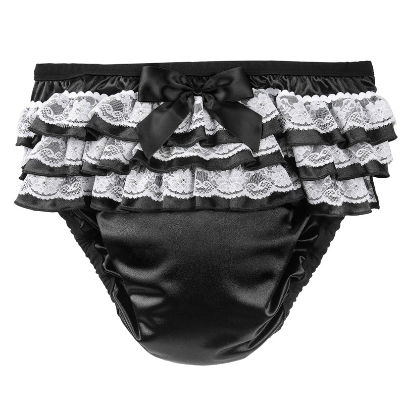 Littleforbig大人単体で使えるトレーニングパンツ 光沢サテン【お姫様スカート】蝶結びとフリル付き 吸収・防漏・通気性 ストレッチウェストで快適 洗濯可 黒 DC302H