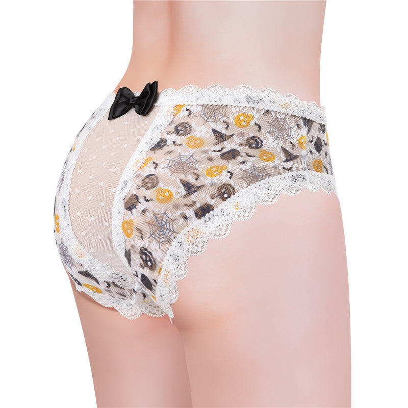 LittleForBigメンズパンティー 体型カバー【スケリー·魔女の帽子·クモの巣柄】ハロウィン風 タッキングガフパンティー ブリーフ バックにメッシュパネルと大きなリボン 白 MUP514W