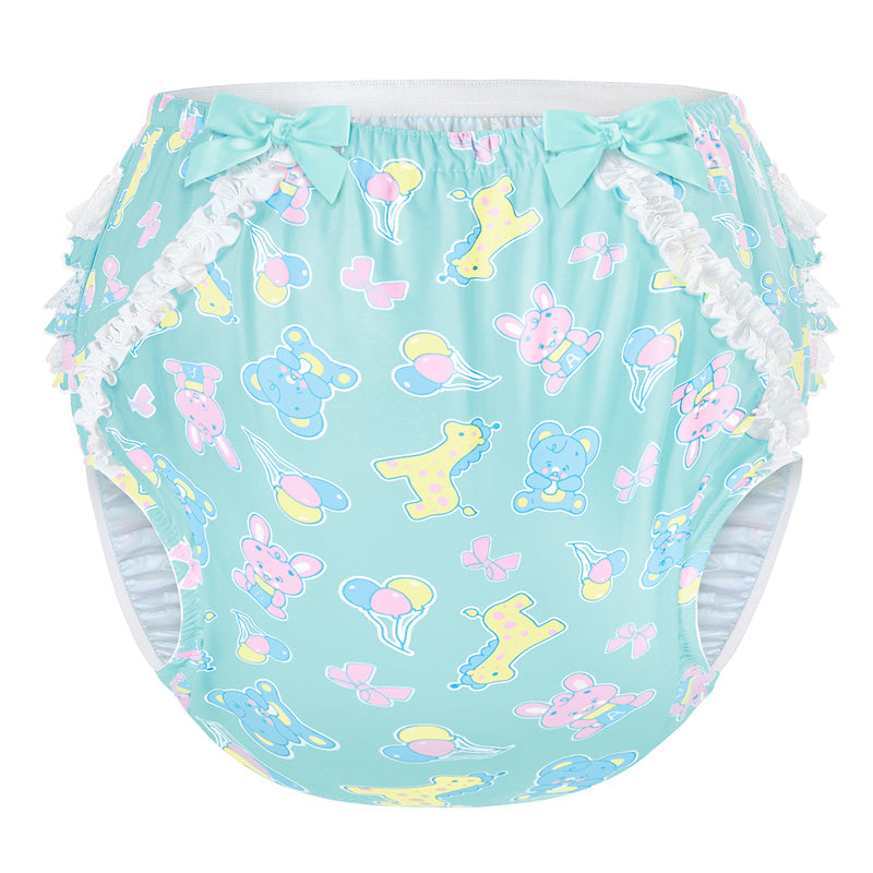 LittleForBig大人用シルキーおむつカバー【遊園地】総柄 バックに3層重ねレースフリル 大きなリボン飾り ストレッチウェストで快適 防水・漏れ防止 洗濯可 緑 DC205V
