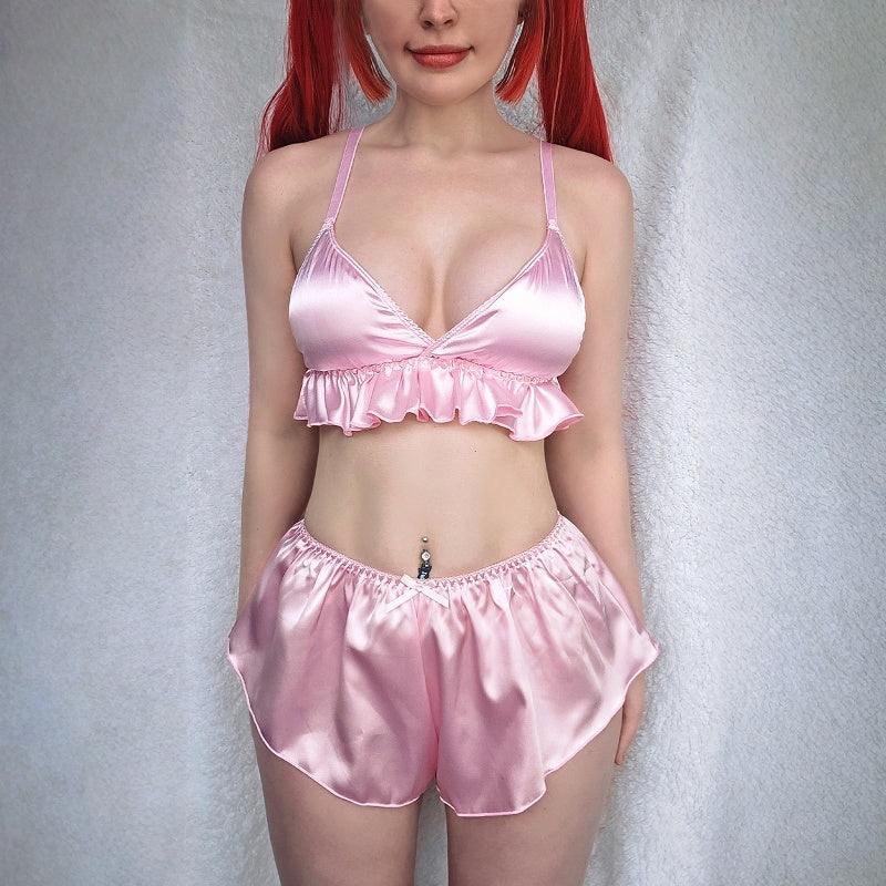 LittleForBigメンズ ブラレット2点セット【フランス風サテン】光沢感 シルキーキャミソールとパンツ フリルランジェリー Vネック 調節可能なホックとストラップ ピンク MUT283P