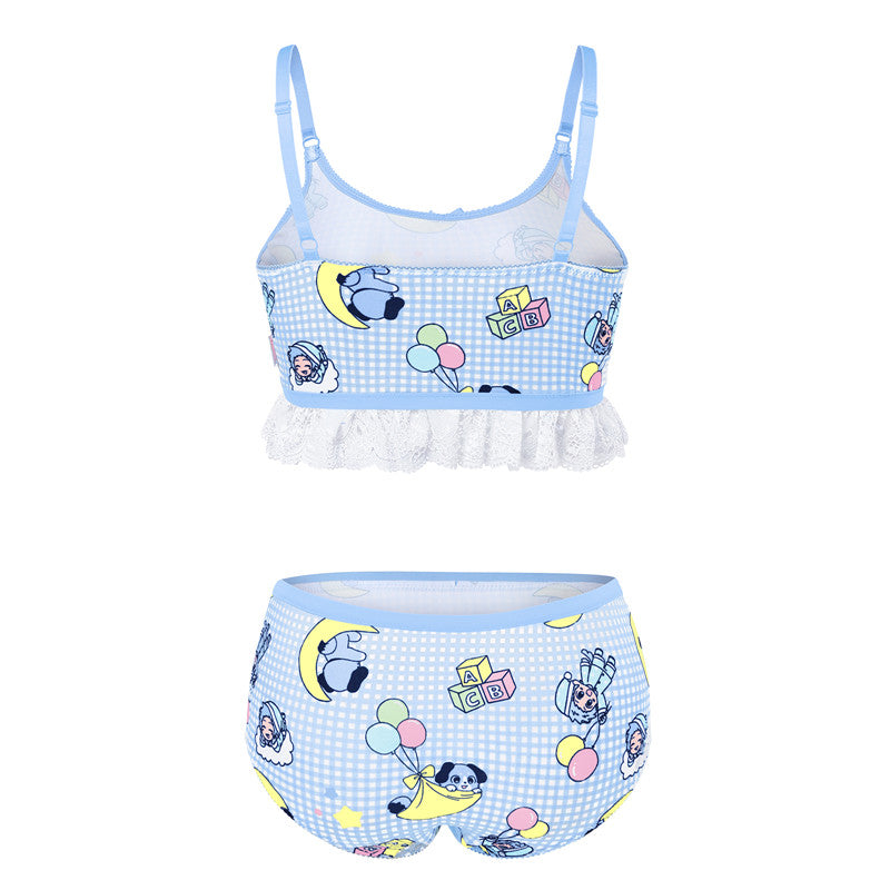 LittleForBigレーディス レース飾りブラレット2点セット【あおちゃん・寝る時間】格子縞キャミソールとパンティー 調整可能なストラップ スベスベシルキー触感 ブルー UT270B