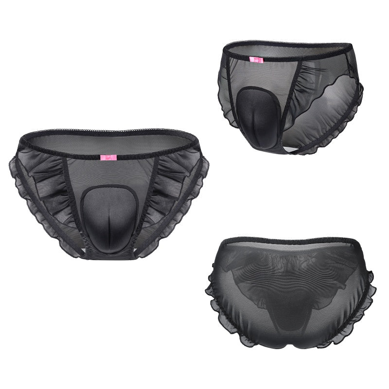 LittleForBigメンズ メッシュパンティー チュール下着 レースフリルとリボン飾り キャメルつま先隠し シースルー ローライズ 透け感 通気性 黒 MUP547H