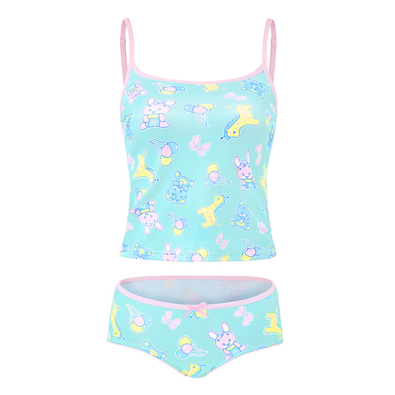 LittleForBigレーディス パジャマ2点セット【遊園地】総柄キャミソールとパンティー リボン飾り ブラレット 部屋着 調整可能なストラップ スベスベシルキー触感 緑 UT281V