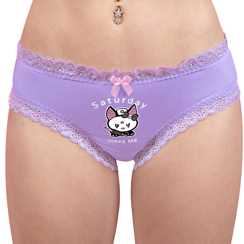 LittleForBigレディース パンティー7枚セット シルキー下着【いたずらなベラちゃんの一週間】レースとリボン飾り リブ編み 多色 黒&ブルー&ピンク&紫 UP237-S701