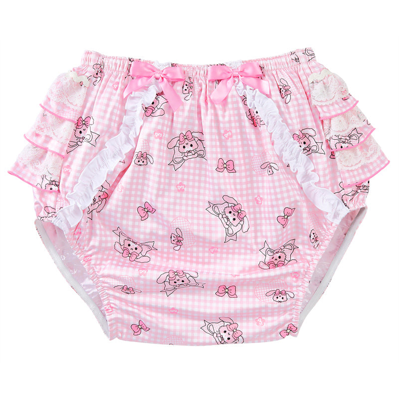 LittleForBig大人用シルキーおむつカバー【うさぎとリボン】格子縞 バックに3層重ねレースフリル 大きなリボン飾り ストレッチウェストで快適 防水・漏れ防止 洗濯可 ピンク DC207P