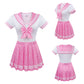 LittleForBigメンズロンパース2点セット プリーツスカート【スクールガール風】 シシー総柄 制服 シルキーパジャマ ボディースーツ リボン飾り ピンク M1029TP