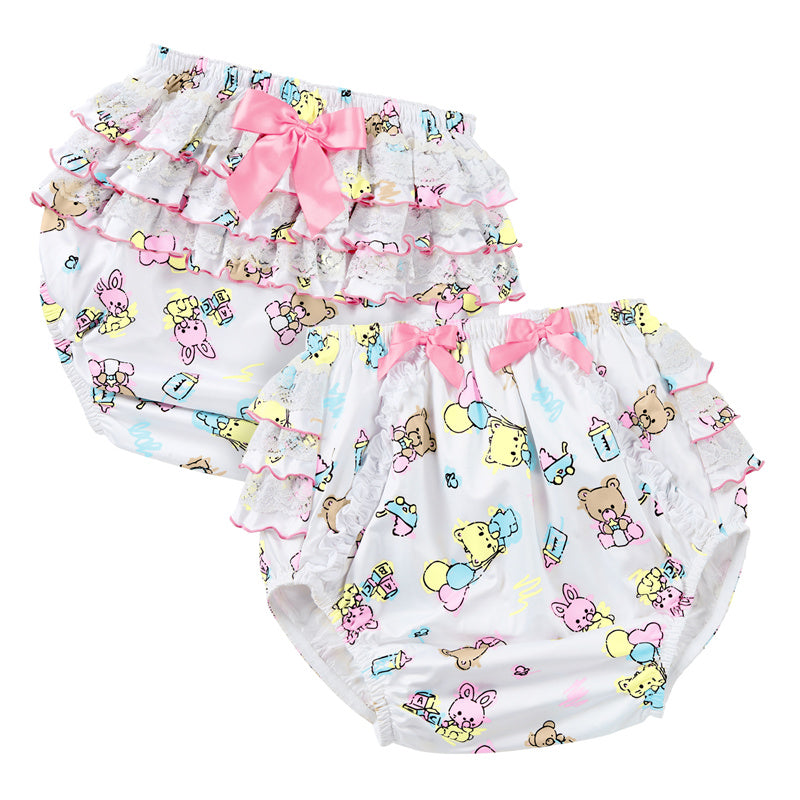 LittleForBig大人用シルキーおむつカバー【保育園】総柄 バックに3層重ねレースフリル 大きなリボン飾り ストレッチウェストで快適 防水・漏れ防止 洗濯可 ピンク DC206P