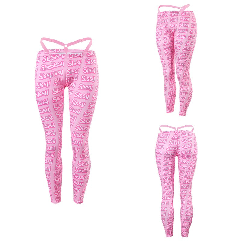 LittleForBigメンズズボン レギンス ヨガパンツ【シシー世界へようこそ】総柄 Y2K風 キャメルつま先隠し シルキー 調節可能なTバックストラップ ピンク MYP002P