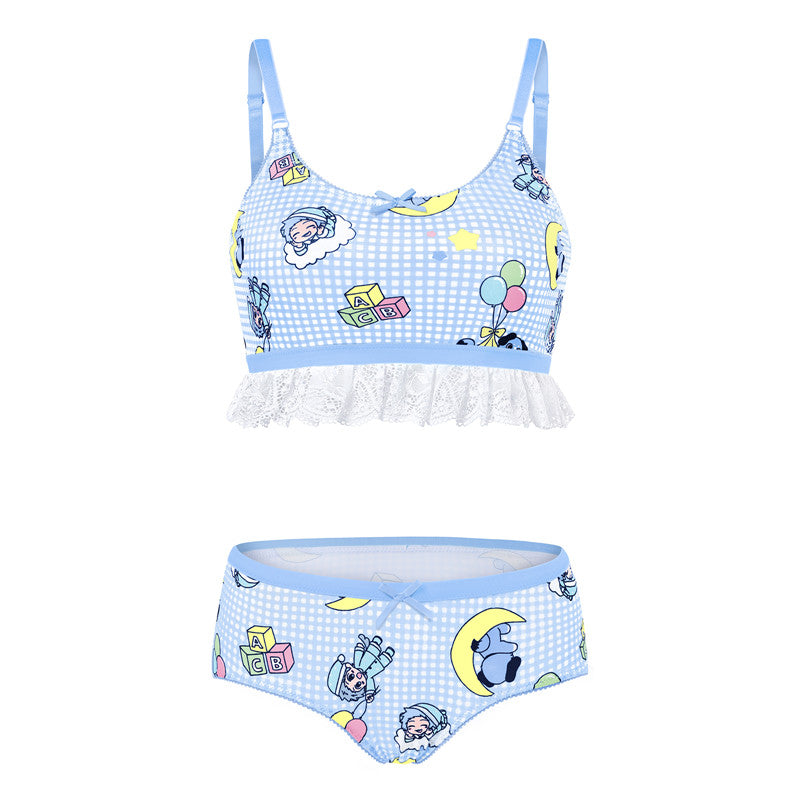 LittleForBigレーディス レース飾りブラレット2点セット【あおちゃん・寝る時間】格子縞キャミソールとパンティー 調整可能なストラップ スベスベシルキー触感 ブルー UT270B