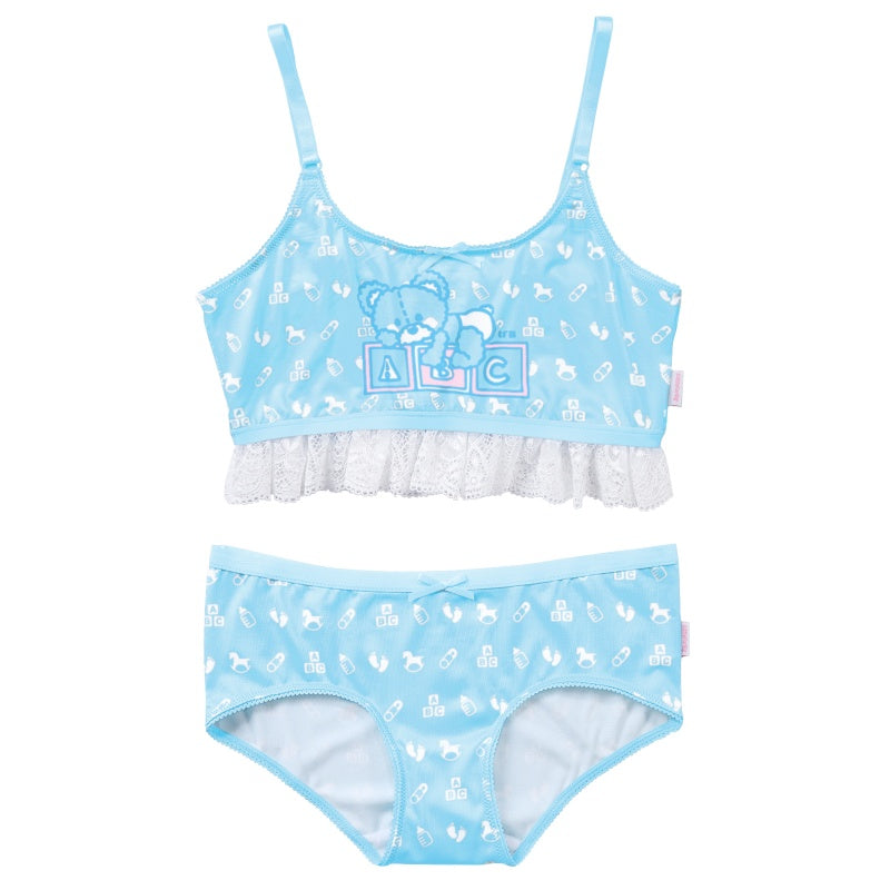 LittleForBigレーディス レース飾りブラレット2点セット【ふわふわ テディパンツ】総柄キャミソールとパンティー 調整可能なストラップ スベスベシルキー触感 ブルー UT278B