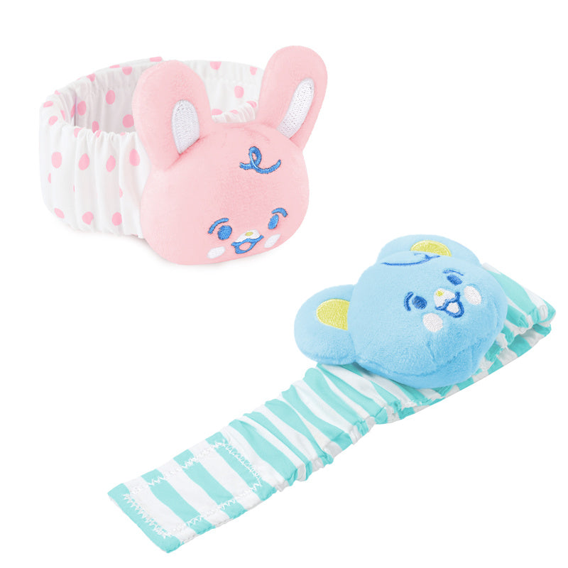 LittleForBig大人 手首ラトル2個セット【ベアちゃんとウサギちゃん】遊園地のテーマ ベル付き 伸縮性リストバンド ぬいぐるみ 調節可能な面ファスナー ピンク/ブルー WR001-S201