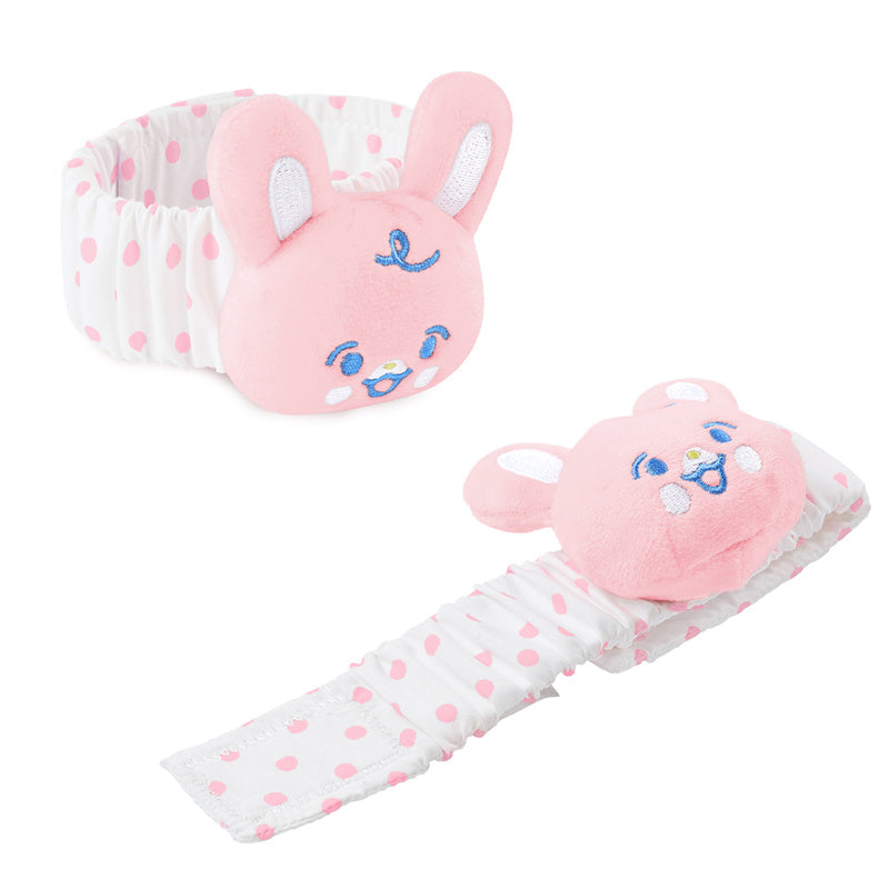 LittleForBig大人 手首ラトル【ウサギちゃん】遊園地のテーマ ベル付き 伸縮性リストバンド ぬいぐるみ 水玉柄調節可能な面ファスナー リストラトル ピンク WR002P