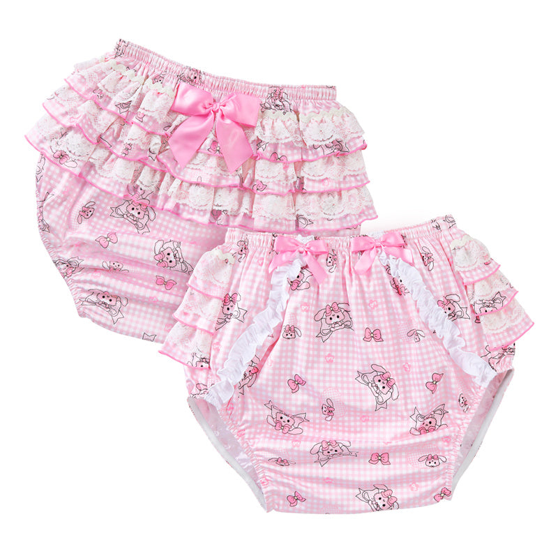 LittleForBig大人用シルキーおむつカバー【うさぎとリボン】格子縞 バックに3層重ねレースフリル 大きなリボン飾り ストレッチウェストで快適 防水・漏れ防止 洗濯可 ピンク DC207P