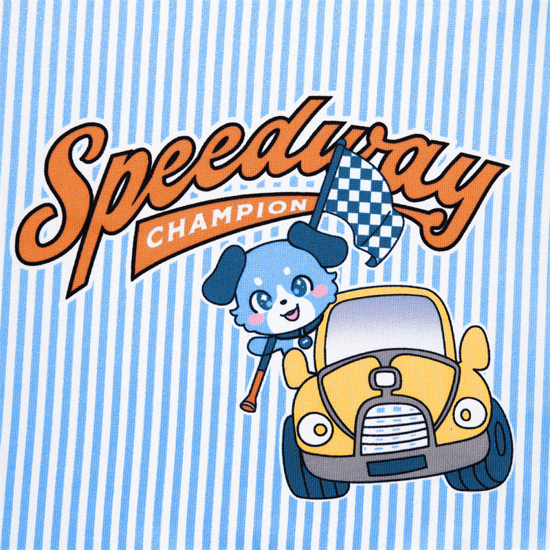 LittleForBig大人ロンパース パジャマ【あおちゃんとレーサー】ふわふわのしっぽ ２イン１ストライプ柄のフェイクオーバーオール風ロンパース ブルー DP0040