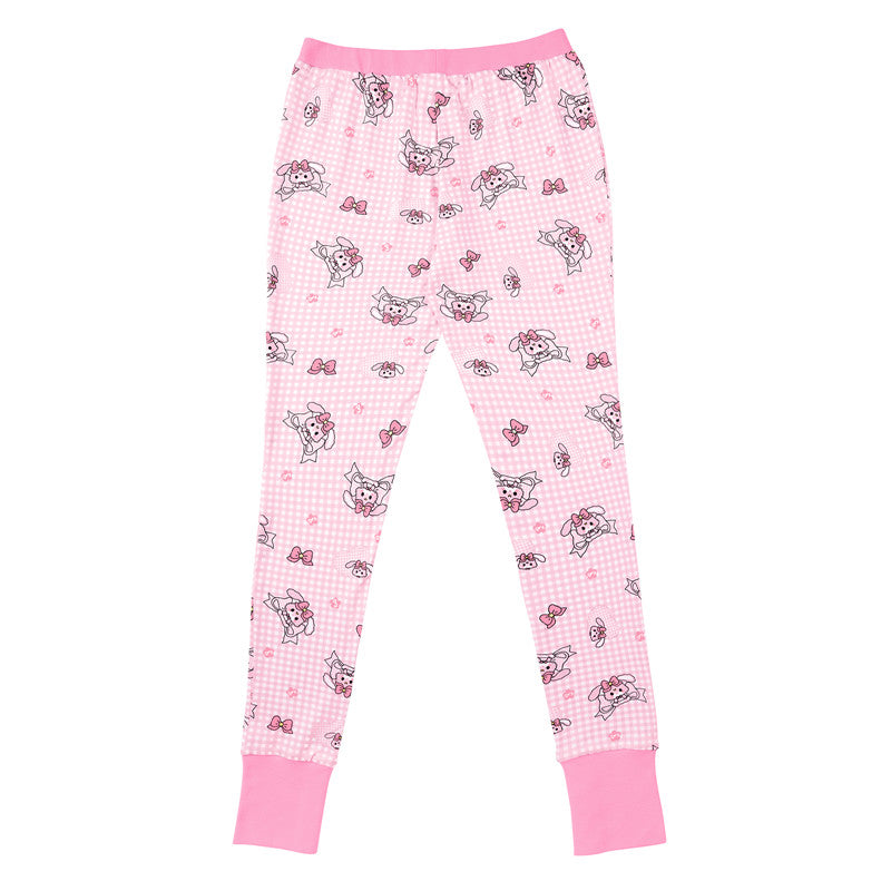 LittleForBig大人シルキーパジャマ2点セット【うさぎとリボン柄】格子縞の長袖とズボン 部屋着 伸縮性 ユニセックス ピンク AT626