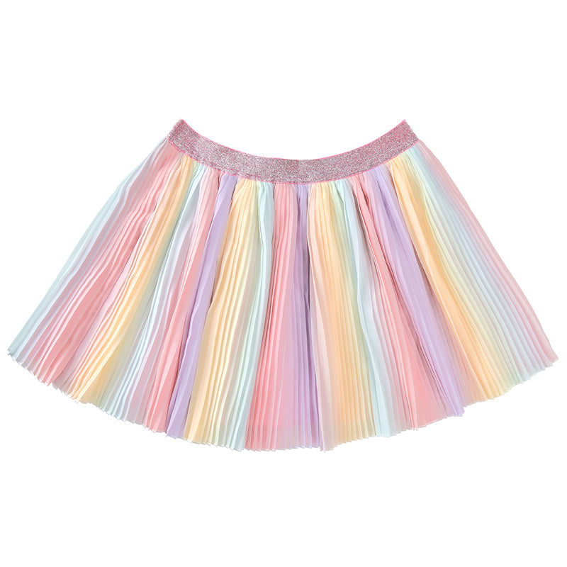 LittleForBigレディース プリーツスカート【レインボーパフペチコート】シフォンチュールスカート シルバー糸入りウエスト しわになりにくい グラデーション 347P