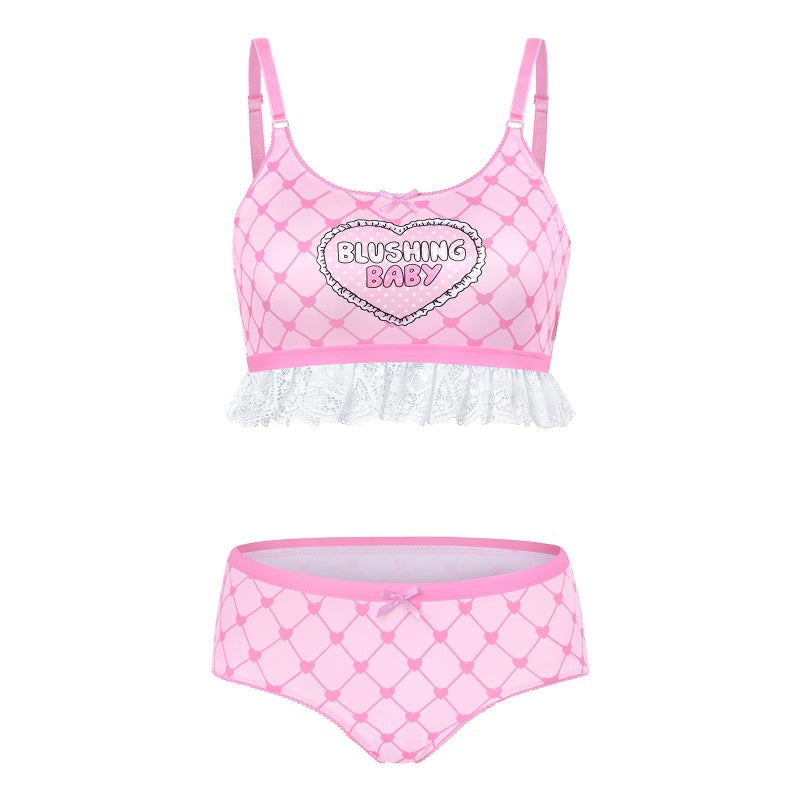 LittleForBigレーディス レース飾りブラレット2点セット【照れくさいハート柄】格子縞キャミソールとパンティー 調整可能なストラップ スベスベシルキー触感 ピンク UT275P