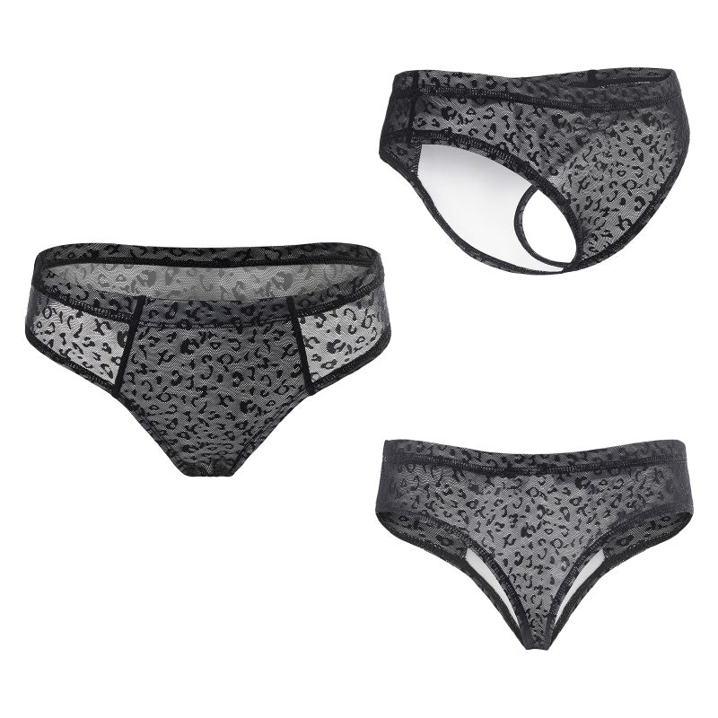 LittleForBigメンズ Tバックパンティー タッキングギャフ ブラジリアンチーキー【レオパ一ド柄】下着 シェイプブリーフ スムース柔軟メッシュ 黒 MUP530-C02