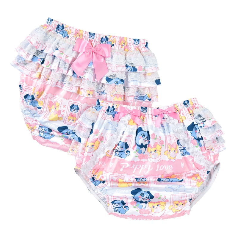 LittleForBig大人用シルキーおむつカバー【あおちゃんの恋い物語】バックに3層重ねレースフリル 大きなリボン飾り ストレッチウェストで快適 防水・漏れ防止 洗濯可 ピンク DC208P