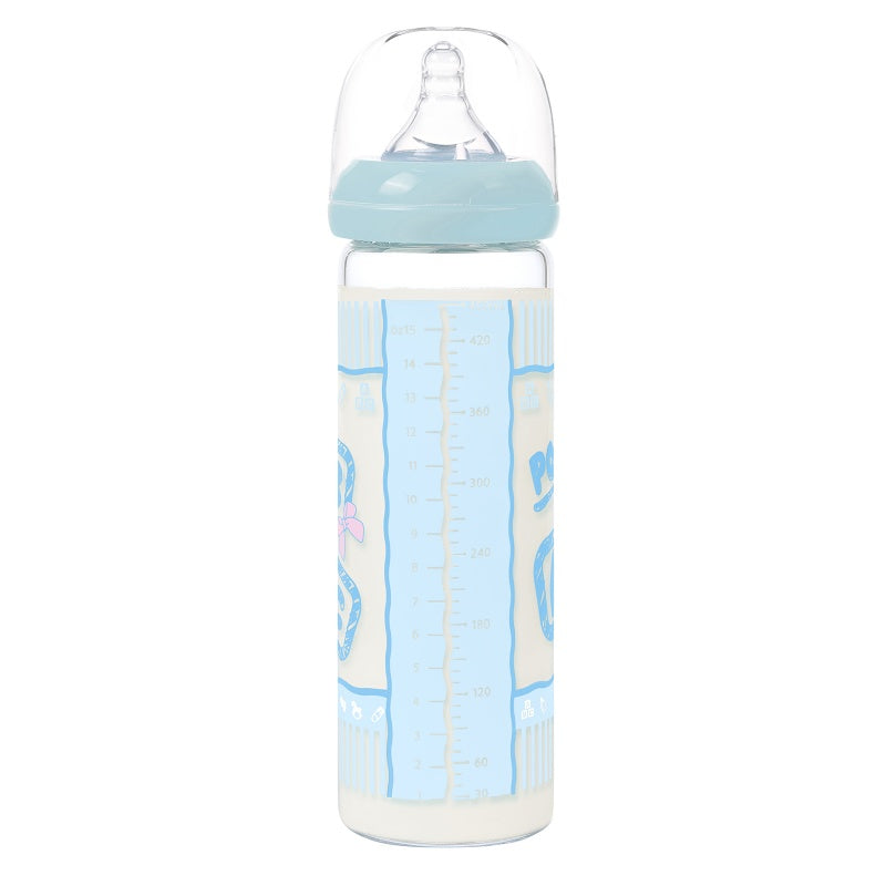 LittleForBig大人用哺乳びん【テディパンツ】防塵蓋付き 大容量450mL 引き換え可能なシリコーンニップル 大人向けグラス哺乳瓶 ブルー BTL06