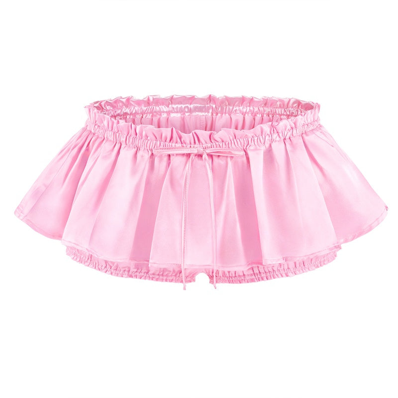 LittleForBigレディース スカート キュロット【お姫様風】光沢サテン フリルとリボン飾り 伸縮性のあるウエストバンドと裾 ピンク 350P