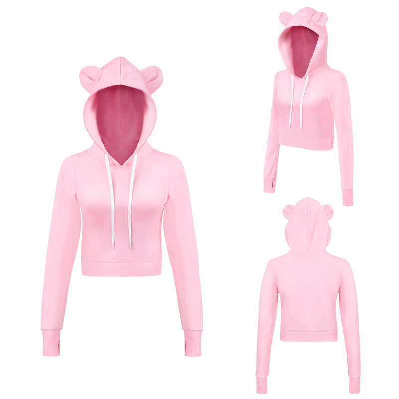 LittleForBigレディース 綿クロップドフーディー【ふわふわベアちゃん】パーカー 長袖 サムホール ドローストリング レギュラーフィット ピンク J612P