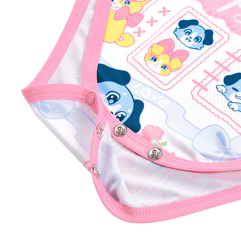 LittleForBig大人ロンパース パジャマ【あおちゃんの恋い物語】ロマンチックなプリント スベスベシルキー触感 ボディスーツ ピンク DP0039