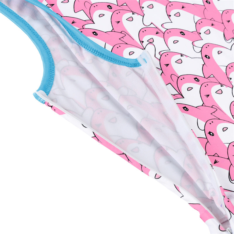 LittleForBigレディース シルキーミニドレス【友たちサメちゃん】総柄 袖なしドレス スカート 丸ネック 隠しジッパー ピンク 336P