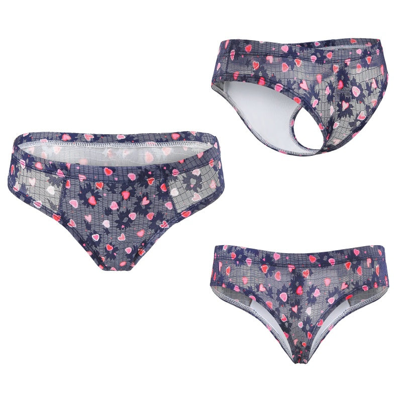 LittleForBigメンズ Tバックパンティー タッキングギャフ ブラジリアンチーキー【ピンクのハート柄】下着 シェイプブリーフ スムース柔軟メッシュ ダークブルー MUP530-C10