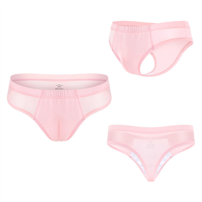 LittleForBigメンズ シルキーTバックパンティー【無地】キャメルつま先隠し ブラジリアン風チーキー タッキングガフパンティー メッシュ下着 通気性 ローズ MUP545P