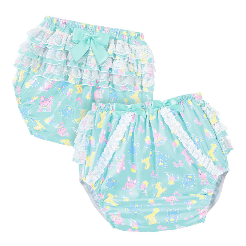 LittleForBig大人用シルキーおむつカバー【遊園地】総柄 バックに3層重ねレースフリル 大きなリボン飾り ストレッチウェストで快適 防水・漏れ防止 洗濯可 緑 DC205V