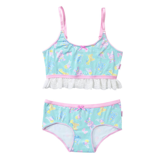 LittleForBigレーディス レース飾りブラレット2点セット【遊園地】総柄キャミソールとパンティー 調整可能なストラップ スベスベシルキー触感 緑 UT280V