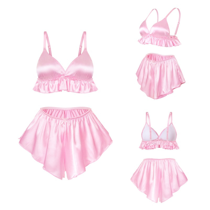 LittleForBigメンズ ブラレット2点セット【フランス風サテン】光沢感 シルキーキャミソールとパンツ フリルランジェリー Vネック 調節可能なホックとストラップ ピンク MUT283P