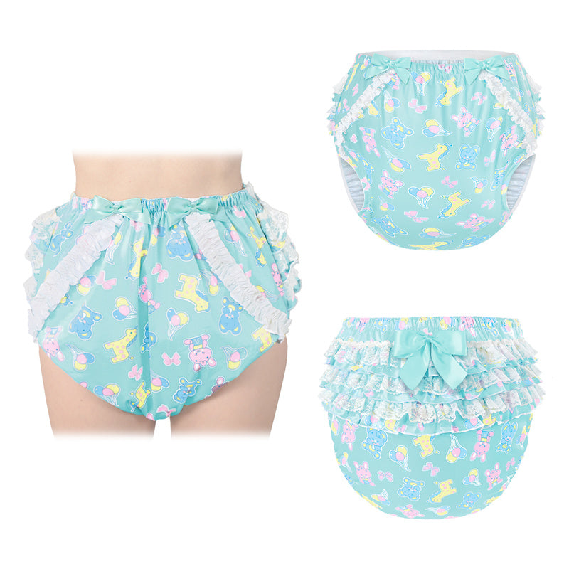 LittleForBig大人用シルキーおむつカバー【遊園地】総柄 バックに3層重ねレースフリル 大きなリボン飾り ストレッチウェストで快適 防水・漏れ防止 洗濯可 緑 DC205V