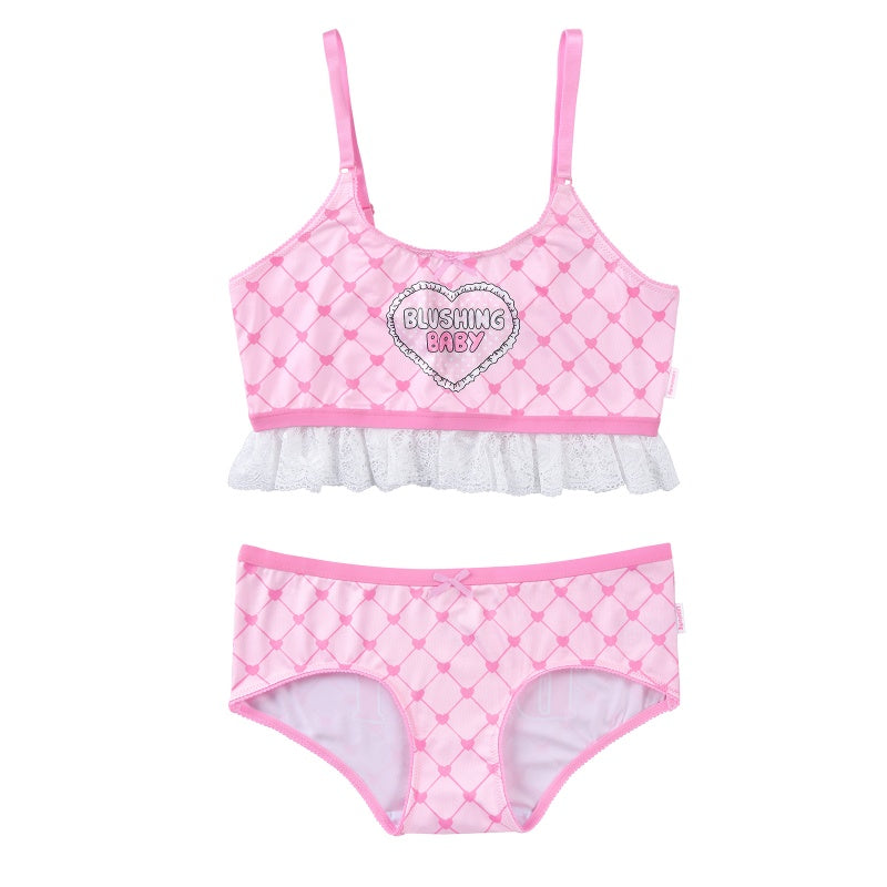 LittleForBigレーディス レース飾りブラレット2点セット【照れくさいハート柄】格子縞キャミソールとパンティー 調整可能なストラップ スベスベシルキー触感 ピンク UT275P