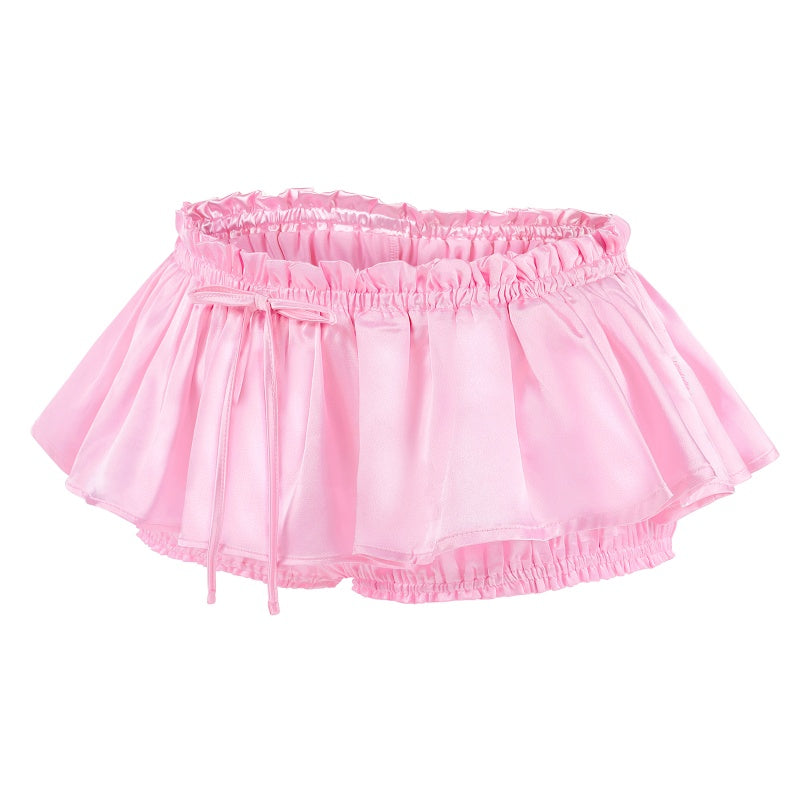 LittleForBigレディース スカート キュロット【お姫様風】光沢サテン フリルとリボン飾り 伸縮性のあるウエストバンドと裾 ピンク 350P