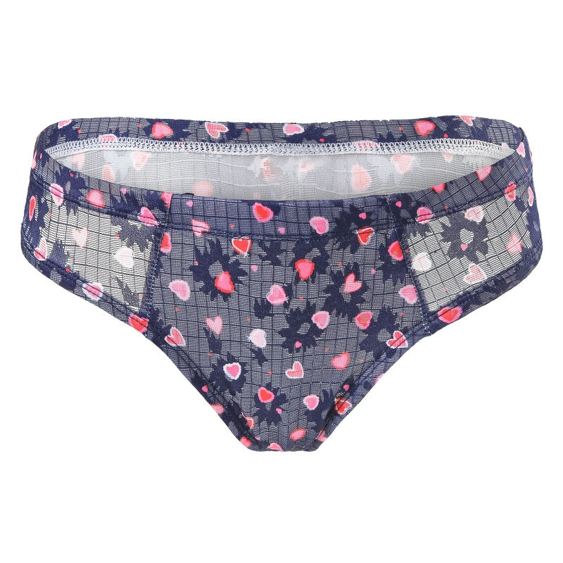 LittleForBigメンズ Tバックパンティー タッキングギャフ ブラジリアンチーキー【ピンクのハート柄】下着 シェイプブリーフ スムース柔軟メッシュ ダークブルー MUP530-C10