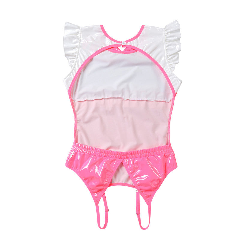 LittleForBig大人ロンパース ボディスーツ【いないいないばあ】ラテックス風 バックレス 光沢感 フロントと袖にフリル飾り ピーターパンカラーとリボン飾り 調整可 ピンク 1028P