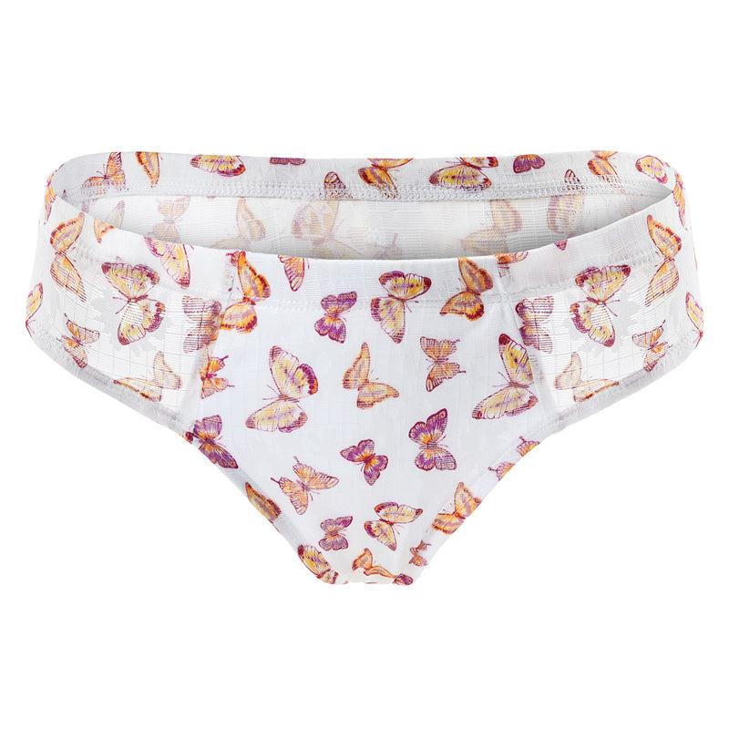 Littleforbigメンズ Tバックパンティー タッキングギャフ ブラジリアンチーキー【舞う蝶々柄】下着 シェイプブリーフ スムース柔軟メッシュ 白 MUP530-C08