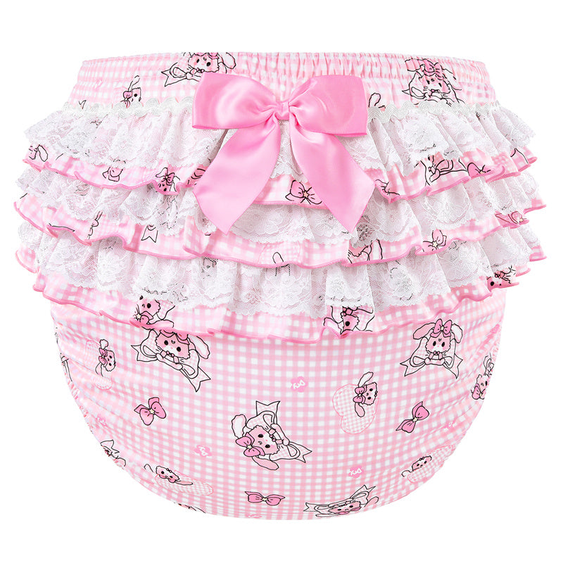 LittleForBig大人用シルキーおむつカバー【うさぎとリボン】格子縞 バックに3層重ねレースフリル 大きなリボン飾り ストレッチウェストで快適 防水・漏れ防止 洗濯可 ピンク DC207P