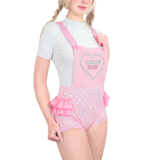 LittleForBig大人用オーバーオールインワン【ハート柄】 ストライプのサスペンダー ラッフル水玉ショートオール ピンク 207P