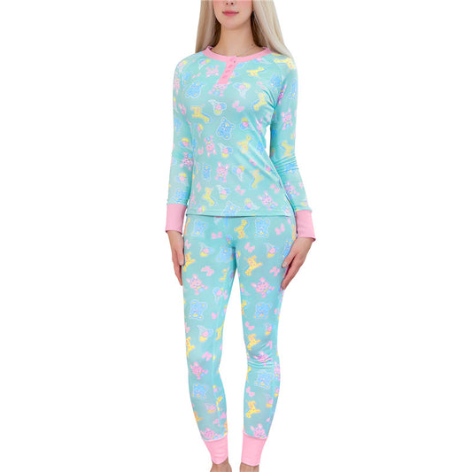 LittleForBig大人シルクパジャマ2点セット【遊園地】 長袖とズボン 部屋着 伸縮性 ユニセックス 緑 AT625